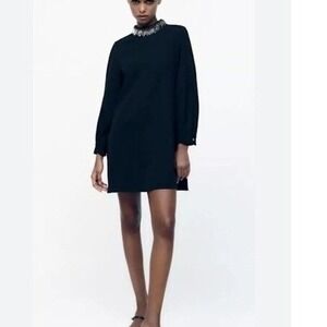 Zara‎ Mini Dress Beaded Collar Long Sleeve Party Cocktail Dress S